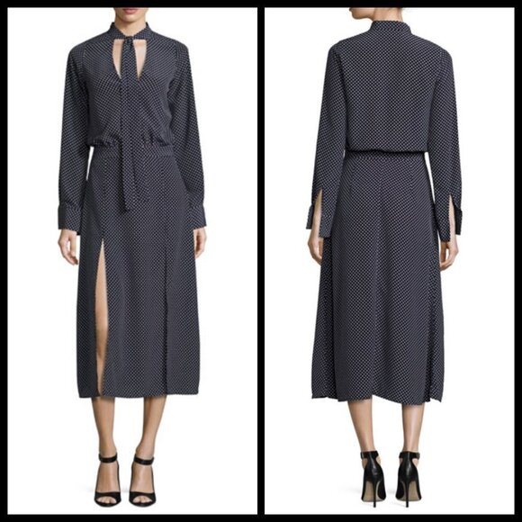 💕ALEXIS💕 Noelle Polka-dot Tie-neck Slit Midi Dress ~ Navy Blue XS - Picture 6 of 16